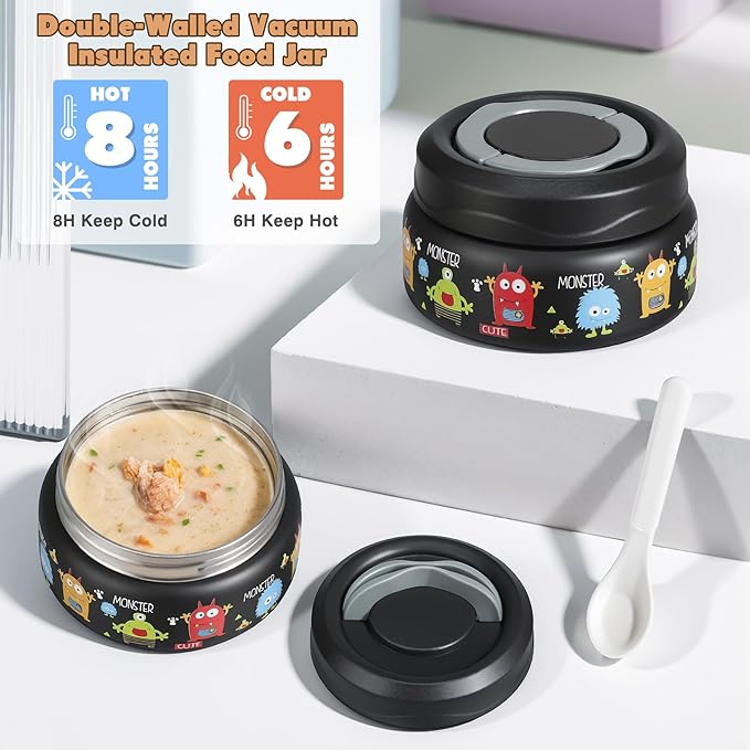 Bento Lunch Box for Kids with 7oz Soup Thermo,Insulated Stainless Steel Kids Water Bottle with Straw and Insulated Lunch Bag,Leak-Proof Lunch Food Container with Ice Pack for School (Black-Cute)