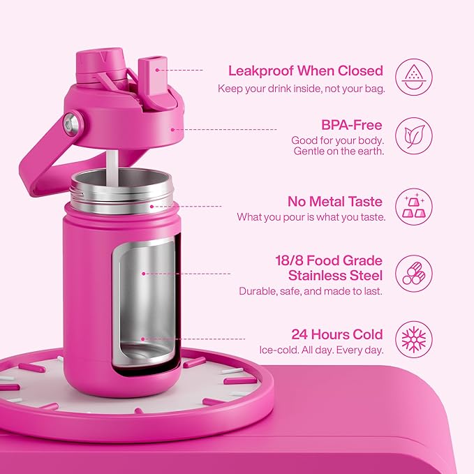 Kids Insulated Water Bottle with Straw - 12oz Stainless Steel Water Bottle with Dual Spouts, Leak-Proof, BPA-Free, Double Wall Vacuum Keeps Cold for 24 Hours for Sports, Travel, School (Persian Rose)