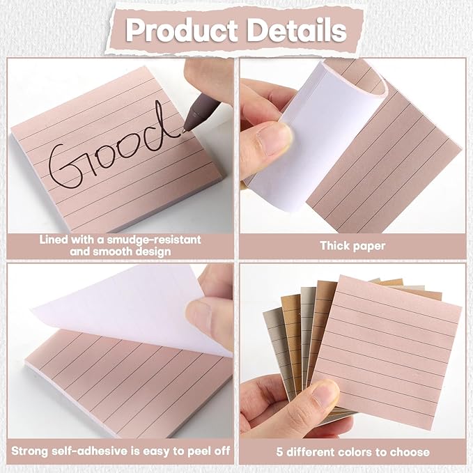 Wiooffen 15 Pads Brown Color Sticky Notes with Lined 3x3 inch Ruled Self Stick Notes Pads Boho Super Sticking Power Memo Pad Vintage Colors Post Note for Office School Meeting Home 40 Sheets/pad 3x3in