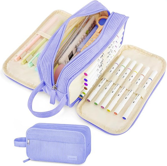 Cute Big Pencil Case Pouch Bag with Handle for Teen Girls Boy Gift | Large Capacity 4 Compartment Multiple Pockets Corduroy Aesthetic Pen Bag Pouch Organizer for School College Supplies,Purple