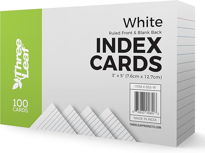 THREE LEAF 3 X 5, INDEX CARDS RULED, 100 CT. WHITE, Ruled Flash Cards, Study Card, Memo Pad, For To-Do List, Art And Craft Projects