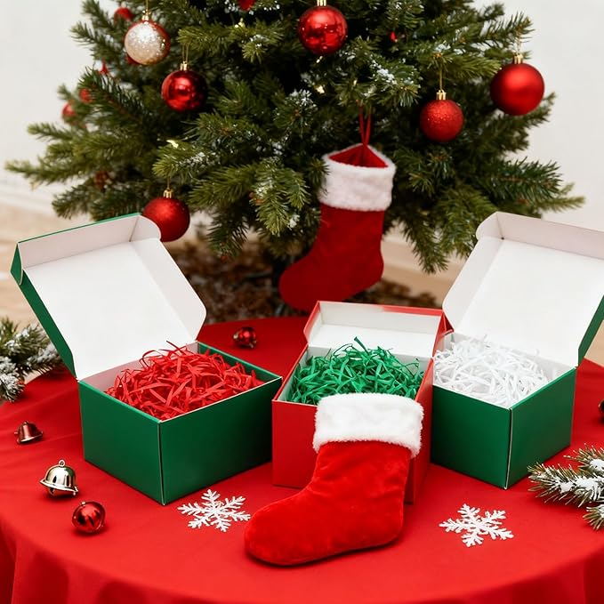 Raffia Paper Shreds, 300g Shredded Paper for Gift Box, Christmas Shred Filler for Gift Wrapping & Basket Filling(Red, white, green)