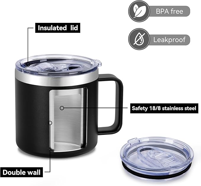 VEGOND 14 oz Insulated Coffee Mug Bulk with Handle, Stainless Steel Travel Coffee Mug with Lid, Double Wall Vacuum Metal Coffee Cup, Coffee Tumbler Powder Coated, Black 8 Pack