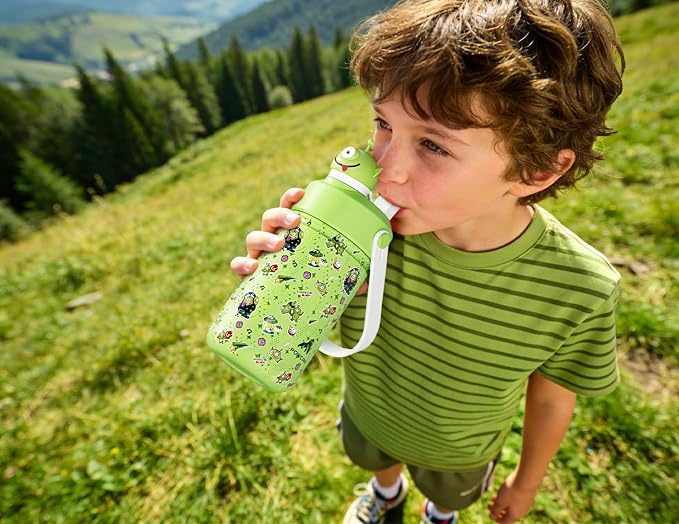 POWCAN 12 oz Insulated Water Bottle for School: 2-in-1 Straw Spout Lid with Soft Animal Head, BPA-Free, Leakproof, Keep Cold 24H, Easy Carry, Stainless Steel Cup for Boys, Girls, Kids (Alien Party)