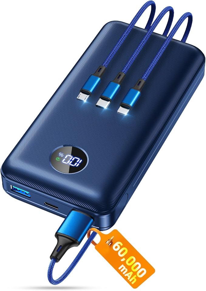 Portable Charger Power Bank, 60000mAh Battery Pack with 3 in 1 USB-C/iOS/Micro-USB Cable, 22.5W Fast Charging Portable Phone Charger, Travel Camping Essential Powerbank for iPhone 17/16 Samsung,Navy