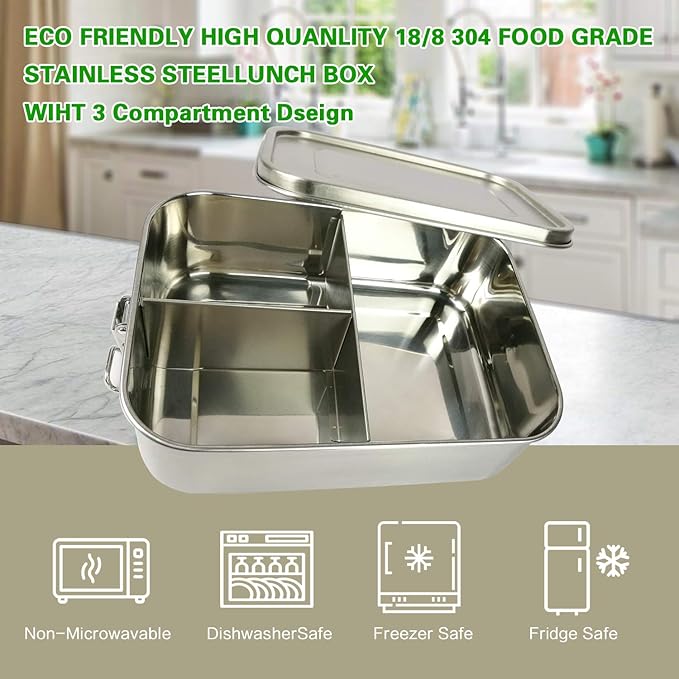 UPTRUST Leak Proof Stainless Steel Bento Container for Lunch, 40oz Bento Lunch Box for Kids or Adults, 3 Compartment Packing Box for Meal Fruit Snack (40OZ/1200ML)