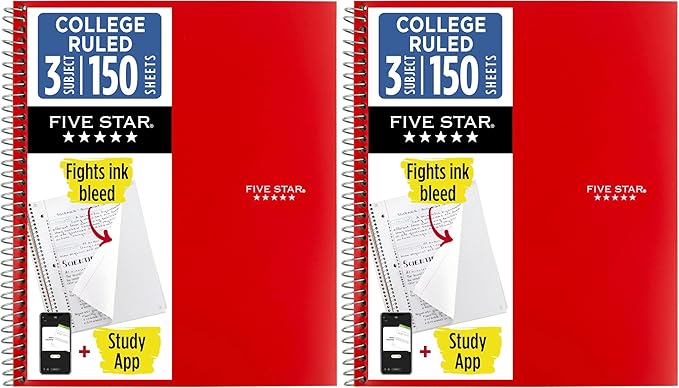 Five Star Spiral Notebook + Study App, 3 Subject, College Ruled Paper, Fights Ink Bleed, Water Resistant Cover, 8-1/2" x 11", 150 Sheets, Red (72065) (Pack of 2)