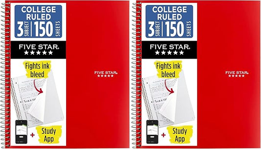 Five Star Spiral Notebook + Study App, 3 Subject, College Ruled Paper, Fights Ink Bleed, Water Resistant Cover, 8-1/2" x 11", 150 Sheets, Red (72065) (Pack of 2)