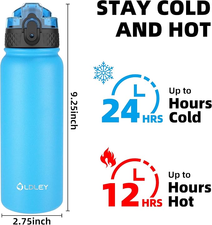 Oldley Insulated Water Bottle 20oz Water Bottles with Straw, Stainless Steel Water Bottle with 3 Lids, Double Wall Vacuum Bottles for Adult Kids, Sports Bottles for School Travel,Blue