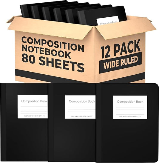 E-CLIPS USA Composition Notebook Wide Ruled Composition Notebooks Bulk Wide Ruled Notebook Paper Note Books For Schools Composition Books 80 Sheets 160 Pages 9.75” x 7.5” (12 Pack)