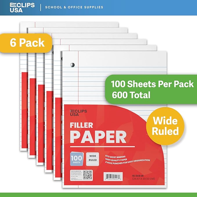 Wide Ruled Loose Leaf Paper Wide Ruled Notebook Paper Lined Writing Filler Paper 10.5” x 8” 56 gsm 600 Sheets 100 Sheet Per Pack (6 Pack)