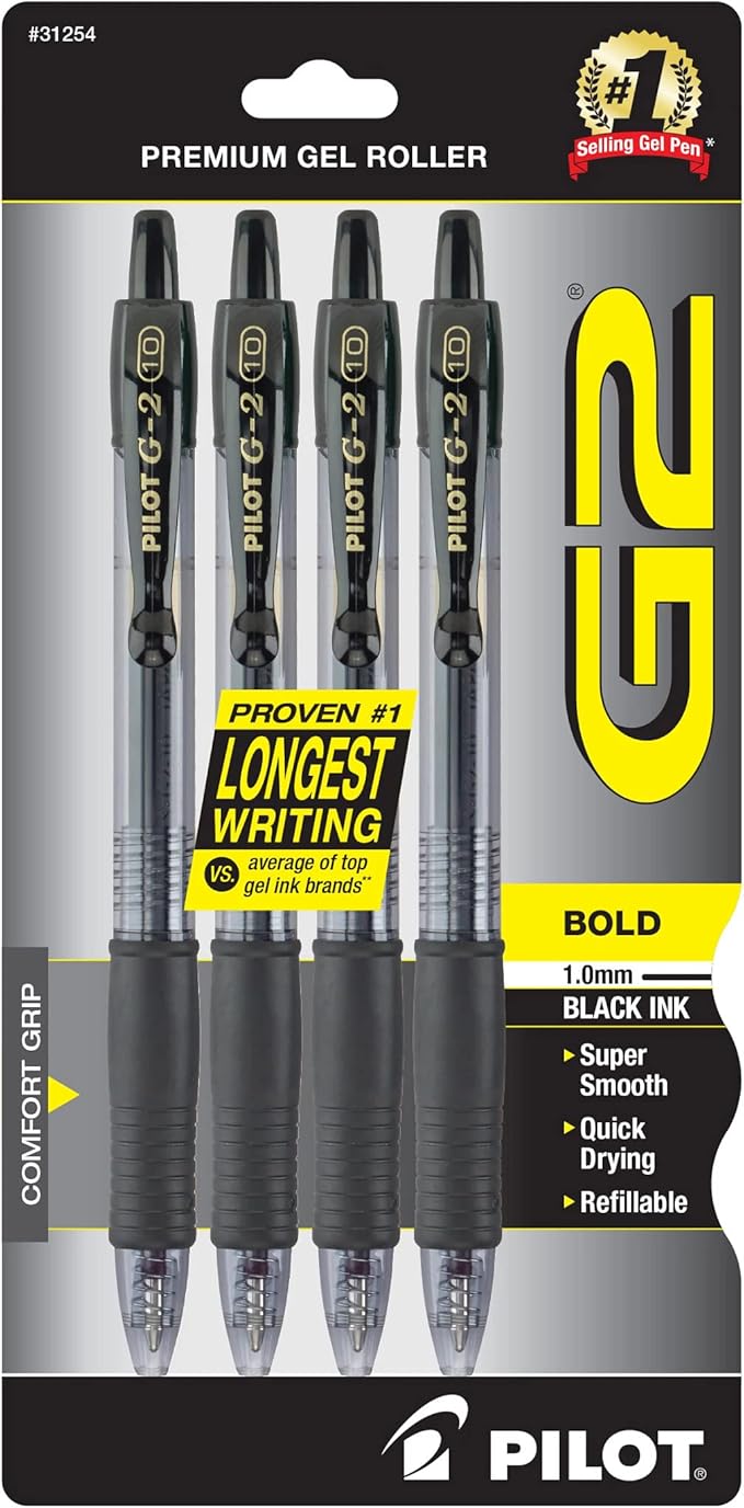 Pilot G2 Premium Refillable & Retractable Rolling Ball Gel Pens, Bold Point, Bold Gel Pens, 1.0 mm, Black Ink, 4-Pack