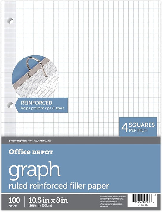 Office Depot® Brand Reinforced Filler Paper, 8" x 10-1/2", Quadrille Ruled, White, Pack Of 100 Sheets