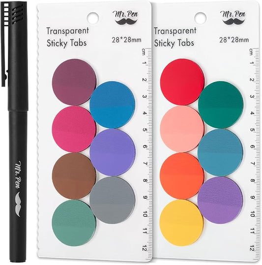 Mr. Pen- Round Transparent Sticky Notes, 1.1” Diameter, 14 Pads, 560 Sheets, Colorful, Water-Resistant See-Through Sticky Notes & Fineliner, Smooth Writing, Note Tabs for Bible Journaling, Studying