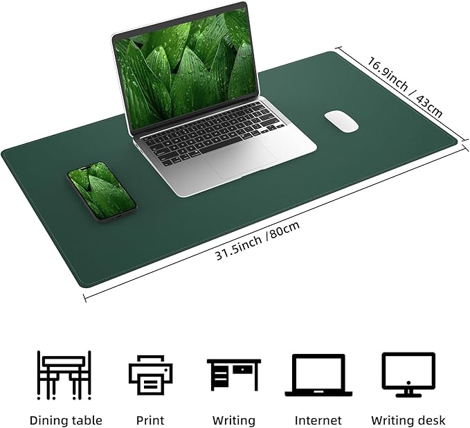 AFIING Cork Desk Mat 31.5" x 17", Waterproof Dual-Sided Cork & PU Leather Desk Pad, Non-Slip Desk Protector for Home Office, Workspace Setup & Gaming (Dark Green)