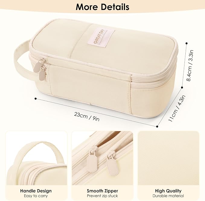 SKYDUE Beige Pencil Case for Girls & Boys - Aesthetic Pencil Bag with Multi-Compartment, Large Capacity Zippered Pencil Pouch for School Supply