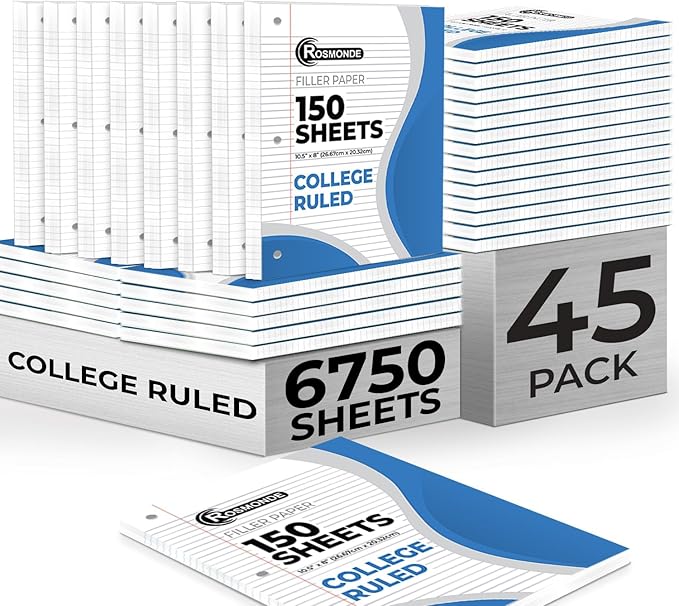 Rosmonde Bulk Loose Leaf Paper, 6750 Sheets, College Ruled, Bulk Filler Paper for Office, 8 x 10.5", 3 Hole Punched, Filler Notebook Paper, 45 Pack, 150 Sheets/Pack, Bulk Supplies for School, White