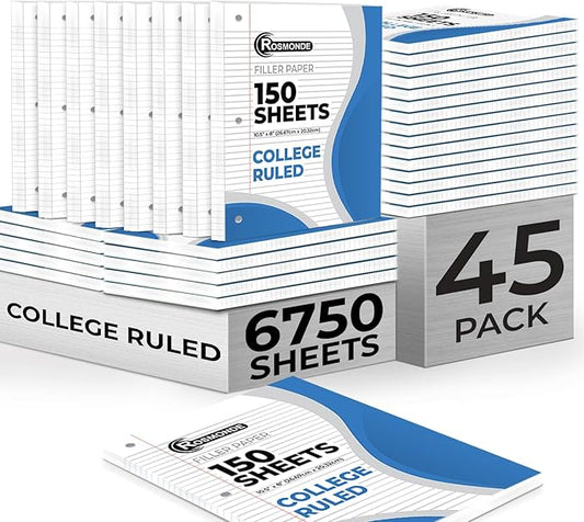 Rosmonde Bulk Loose Leaf Paper, 6750 Sheets, College Ruled, Bulk Filler Paper for Office, 8 x 10.5", 3 Hole Punched, Filler Notebook Paper, 45 Pack, 150 Sheets/Pack, Bulk Supplies for School, White