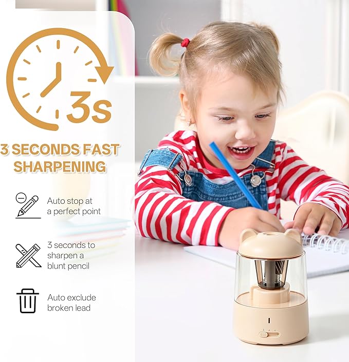 Electric Pencil Sharpener, Auto Stop Fast Sharpen in 3s, Battery Powered Pencil Sharpeners for No.2 & 6-8mm Colored Pencils, Cute Rechargeable Pencil Sharpener for Classroom/Office/Home (Pink)