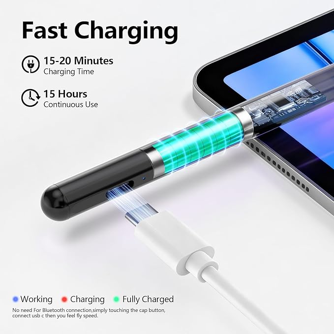 Stylus Pen for iPad 6th-11th Generation-2X Fast Charge Active Pencil Compatible with 2018-2026 Apple iPad Pro 11"/12.9"/M4, iPad Air 3/4/5/M2/M3/M4,iPad mini 5/6/7 Gen-Black