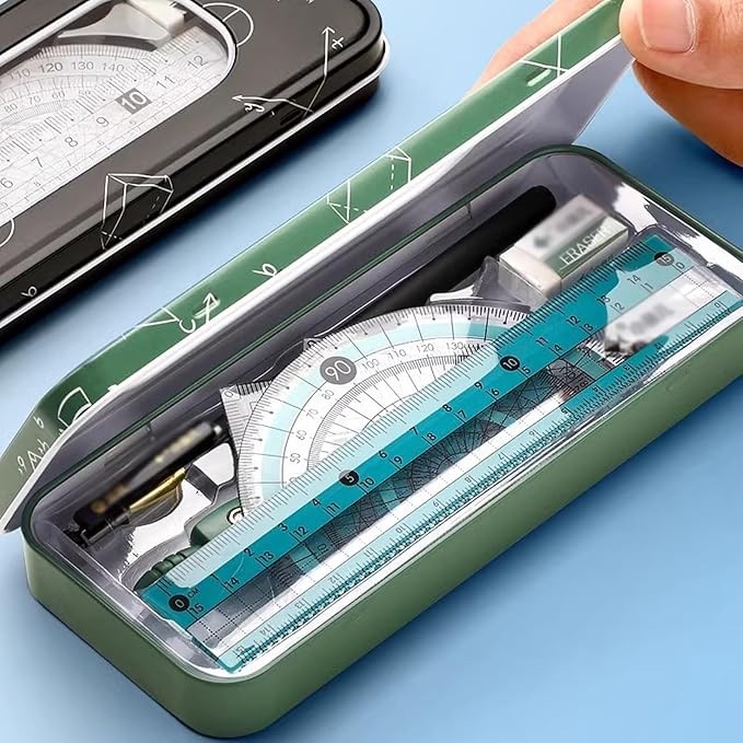 AMONG Drafting Kits Math Geometry Kit Set, 8 Pieces, with Storage Box, Student Supplies Drawing Compasses, Including Protractor, Ruler, Compass, Refill, Pen, Eraser Geometry Tool Set (Color : B)