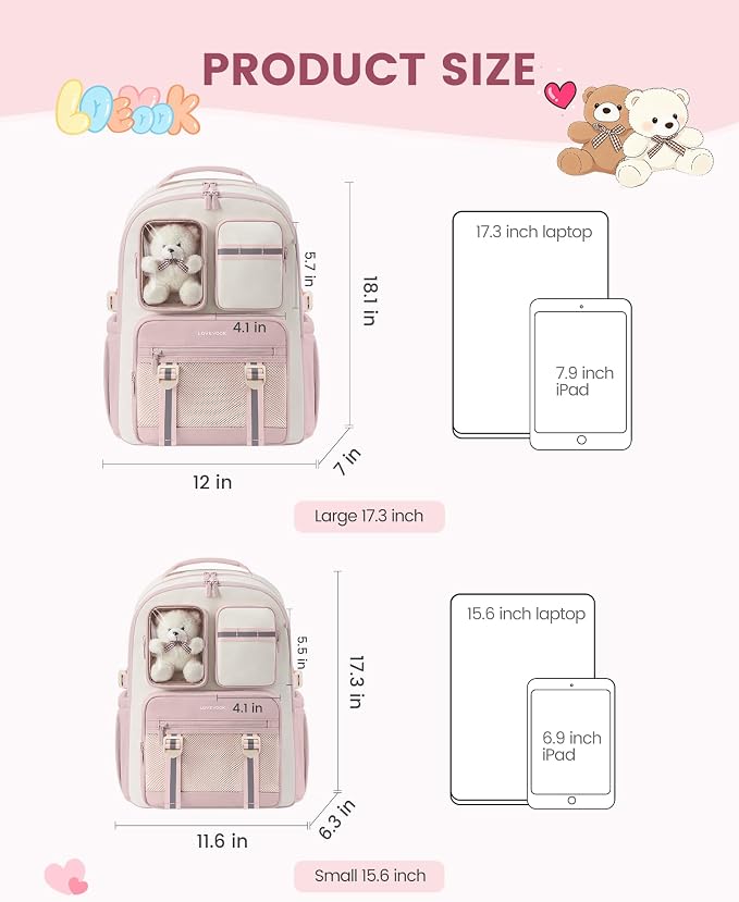 LOVEVOOK Cute School Backpack for Girls Ages 8-14, Bookbag with Plush Bear & Clear Display Pocket, Fits 15.6 Inch Laptop & 40oz Tumbler, Back to School Backpack for Elementary & Middle School