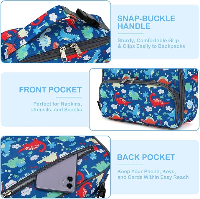 FlowFly Kids Lunch box Insulated Soft Bag Mini Cooer Back to School Thermal Meal Tote Kit for Girls, Boys,Dinosaur