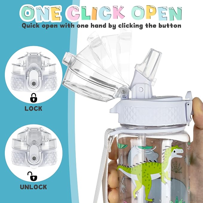 OLDLEY 17oz Kids Water Bottle, Tritan BPA-Free, Leakproof Flip Straw Lid, Motivational Time Marker, Carry Strap, Reusable Clear Water Bottle for Boys & Girls,Dinosaur