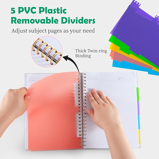 5 Subject Notebook for Work with Removable Dividers Tabs, Large 8.5" x 11 Spiral Lined Notebooks for School Note Taking & Organizer, A4 240 Pages College Ruled Journal for Women & Writing, Green