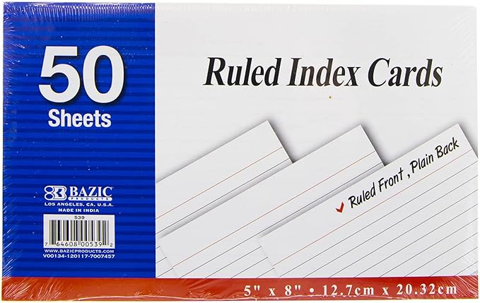 BAZIC Products Ruled Index Cards 5" X 8" 1200 Count, White Color Flashcards, Ruled Lined Card for Learning Memory Reminder (50/Pack), 24-Packs