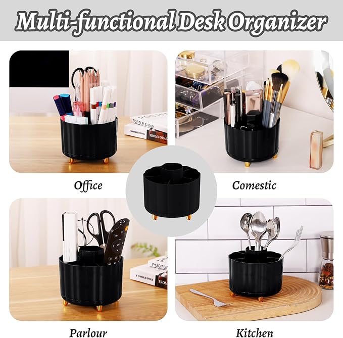 Pencil Holder for Desk 360 Rotating, Pen Holder for Desk or Classroom, Pencil Cup & Pen Organizer, Rotating Caddy, Makeup Brush Holders with 6 Slots, Black