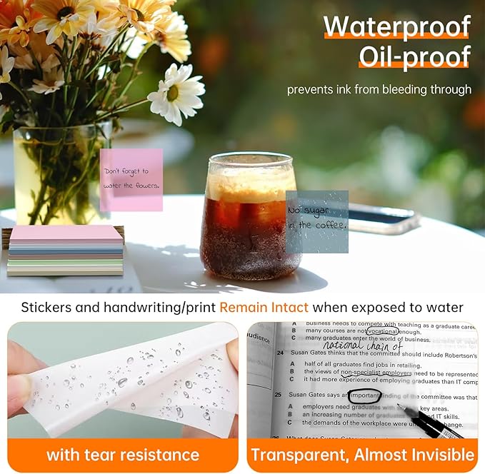Transparent Sticky Notes 3x3 (with Sticky Tabs & Marker Pen), MEIGAONE 9 Pack Clear Sticky NoteSuper Strong Adhesion, Waterproof Translucent Sticky Note for Study, Book,Office,School Supplies