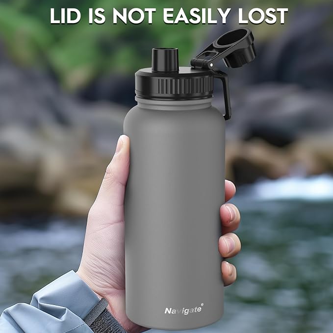 Navigate 32oz Insulated Water Bottle for Sports, Keep Cold 24H | 2-in-1 Spout and Handle Lids, Double Leak-Proof, 18/8 Stainless Steel, BPA-Free, Wide Mouth for Gym and Hiking,Grey