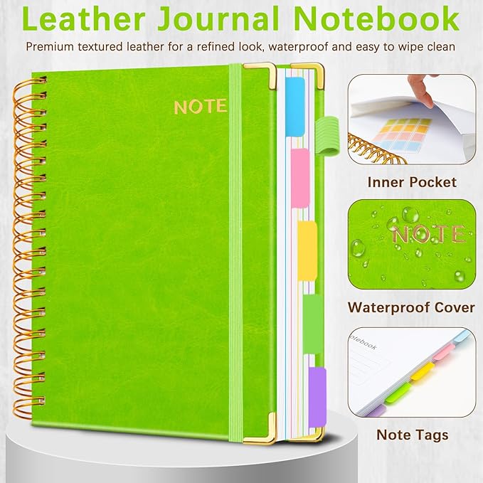 Hardcover Spiral Notebooks for Work 8.5''x 11'', 300 Pages 5 Subject Notebook with Dividers & Tabs, A4 Spiral Journal for Women, College Ruled Notebooks for School Note-Taking (Avocado Green)