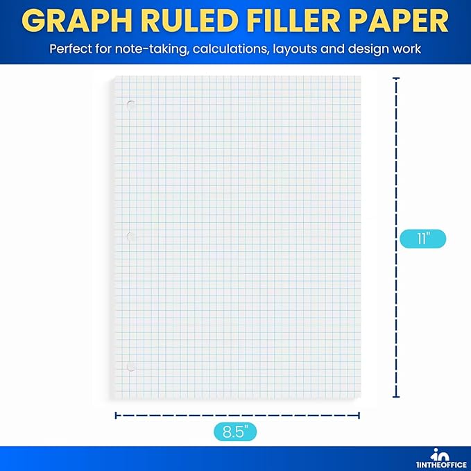1InTheOffice Graph Paper Loose Leaf, Graph Ruled Filler Paper, 8.5 x 11, 200 Sheets/Pack, White