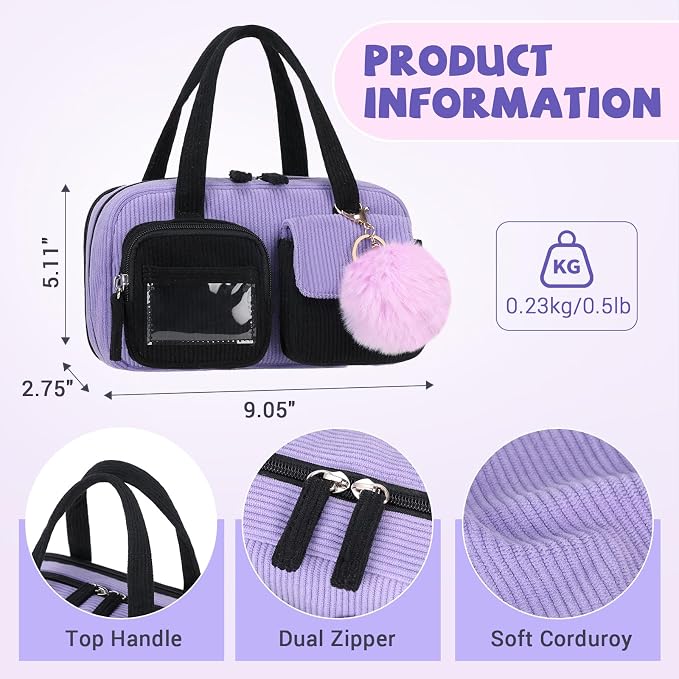 Pencil Case Corduroy Multiple Compartments Pouch Bag for Girl, Black Purple