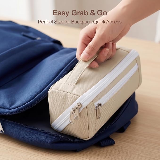 Large Pencil Pouch for Teen Girls, 8 Compartments, Cream White | Large capacity pencil case, wide-opening organizer fits calculators, markers, pens; for middle school, high school, college