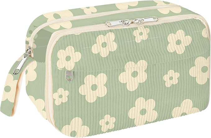 WOBAGMEN Cute Pencil Case,Large Corduroy Zippered Pencil Case Pouch, aesthetic Pencil Bag with Compartments, Pencil Pouch School Supplies (Cute Green Floral)
