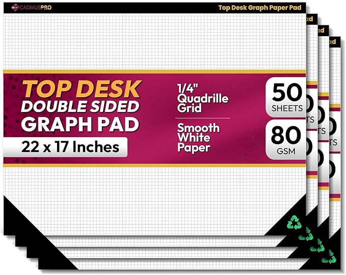 Top Desk Graph Paper Pad 22x17 Inch, 4 Pack 200 Sheets, Double-Sided 80 GSM Large Quadrille Grid Paper for Drafting, Architecture, Design and Art