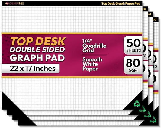 Top Desk Graph Paper Pad 22x17 Inch, 4 Pack 200 Sheets, Double-Sided 80 GSM Large Quadrille Grid Paper for Drafting, Architecture, Design and Art