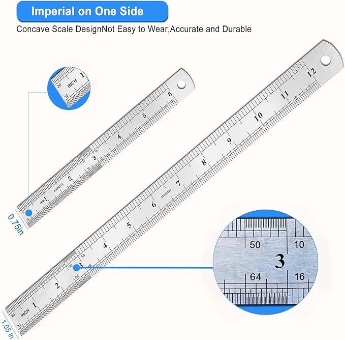 2 Pack Metal Ruler, Double-Sided Scale【6,12inch/15,30cm】 Steel Ruler Set for Architects, Home,School， Office, and Craft