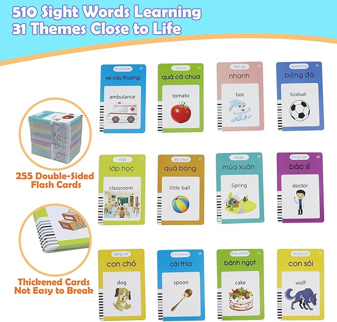 MAYAPHILOS 510 Sight Words Vietnamese and English Talking Flash Cards, Vietnamese Early Education Card, Learn Vietnamese for Kids, Vietnamese Learning Cards for Toddlers Birthday Gifts