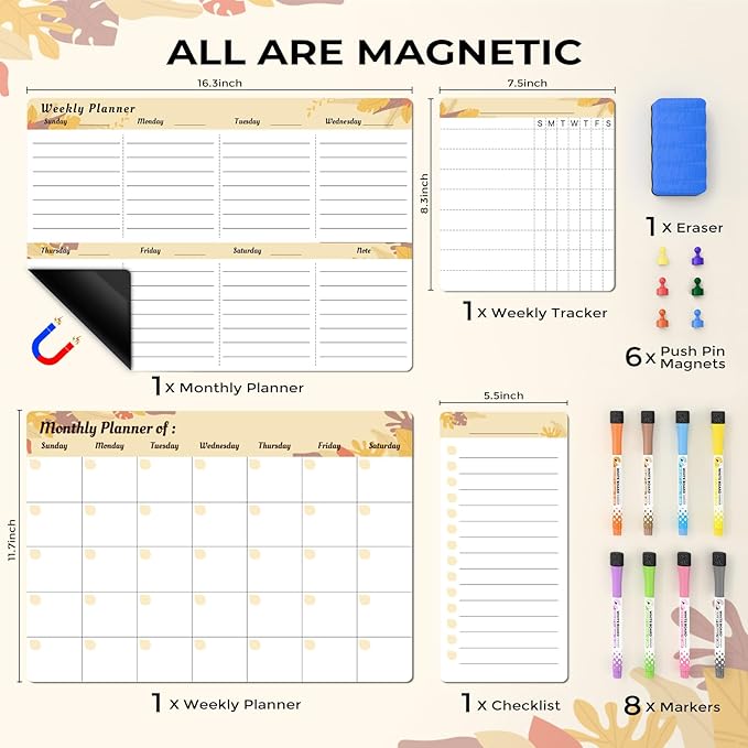 MARSROCK Refrigerator Calendar Magnetic, 16.3x11.7” (4-Pack) – Weekly & Monthly Planner, Chore Chart, Grocery/to-Do List for Fridge, Includes 8 Markers, 6 Magnets & 1 Eraser for Kitchen, Yellow