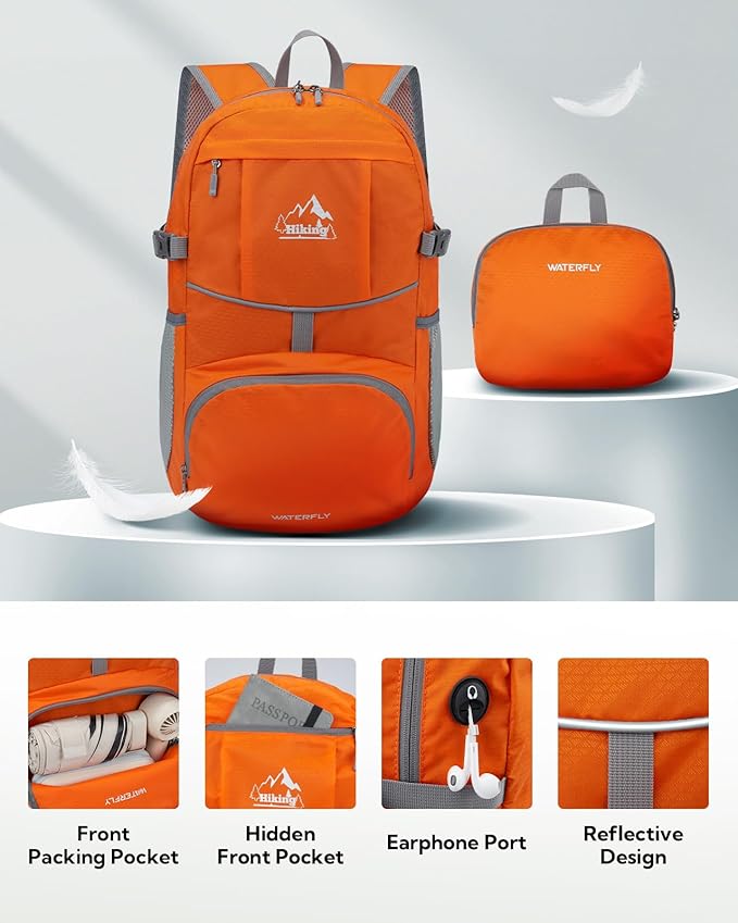 WATERFLY Hiking Packable Daypack Backpack: 25L Ultra Lightweight Day Pack for Women Men - Small Compact Folding Back Pack for Outdoor Sport Cycling Camping Travel Trip - Orange