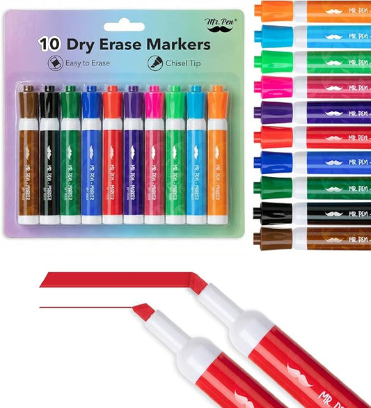 Mr. Pen- Dry Erase Markers, 10 Pack, Assorted Colors, Low Odor Ink, Chisel Tip, White Board Markers Dry Erase, Ideal for Classroom, Back to School Supplies, Teachers, Office, Whiteboard & Home