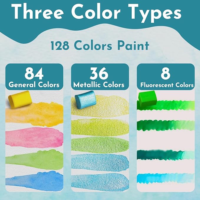 128 Colors Watercolor Paint Set, Including 84 Regular, 36 Metallic, and 8 Fluorescent Colors，Travel Watercolor Set with Brush and Drawing Pencil, Water Color Paint Sets for Adults Artists Beginners