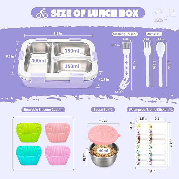 Kids Stainless Steel Lunch Box, 3 Compartments Leakproof Metal Bento Lunch Box, Containers with Silicone Lids for Office, Picnics, Dishwasher Safe, Purple