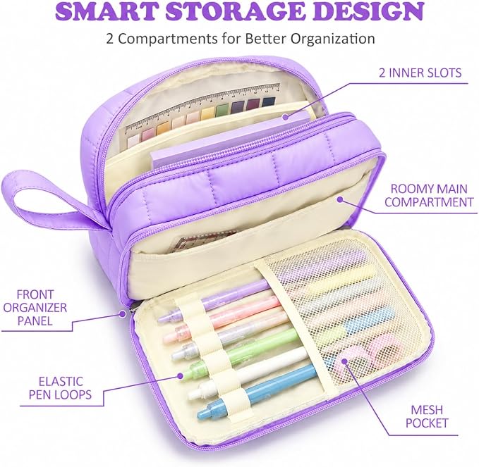 Puffer Quilted Pencil Pouch for Women, Large Capacity Organizer Bag with Multiple Compartments, Cute Aesthetic Pencil Case for Office, Travel & Daily Essentials (purple)