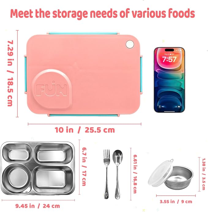 Kids Stainless Steel Lunch Box,304 Stainless Toddler Leak-Resistant Insulated Metal Bento Box,Suitable Schools,Office,Use Comes With An Independent Soup Cup,Tableware,4 Compartments (Pink)