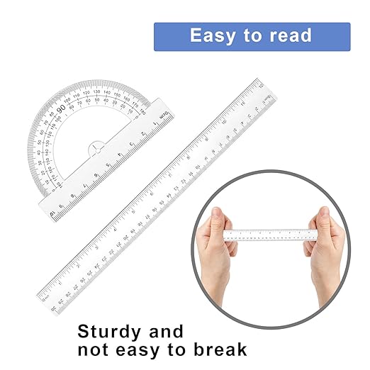Thinp 4 Pieces Ruler Set Includes 12 Inch Straight Ruler Triangle Ruler and Protractor Math Geometry Tool Shatterproof Plastic Rulers Clear Ruler Measuring Tool for School Office Home Supplies